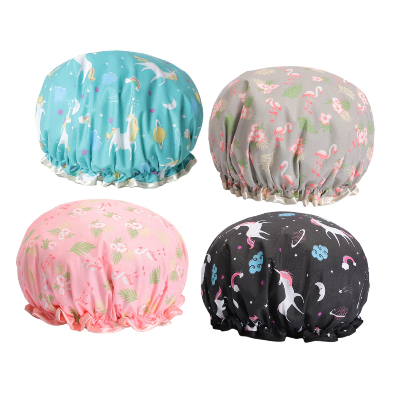 Angoily 12stücke Teiliges Elastischer Duschhauben Doppellagige Wasserdichte Bademützen Für Spa Geeignet Für Verschiedene Kopfgrößen Zufällige Farben Flamingo Flamingo Blau Pegasus