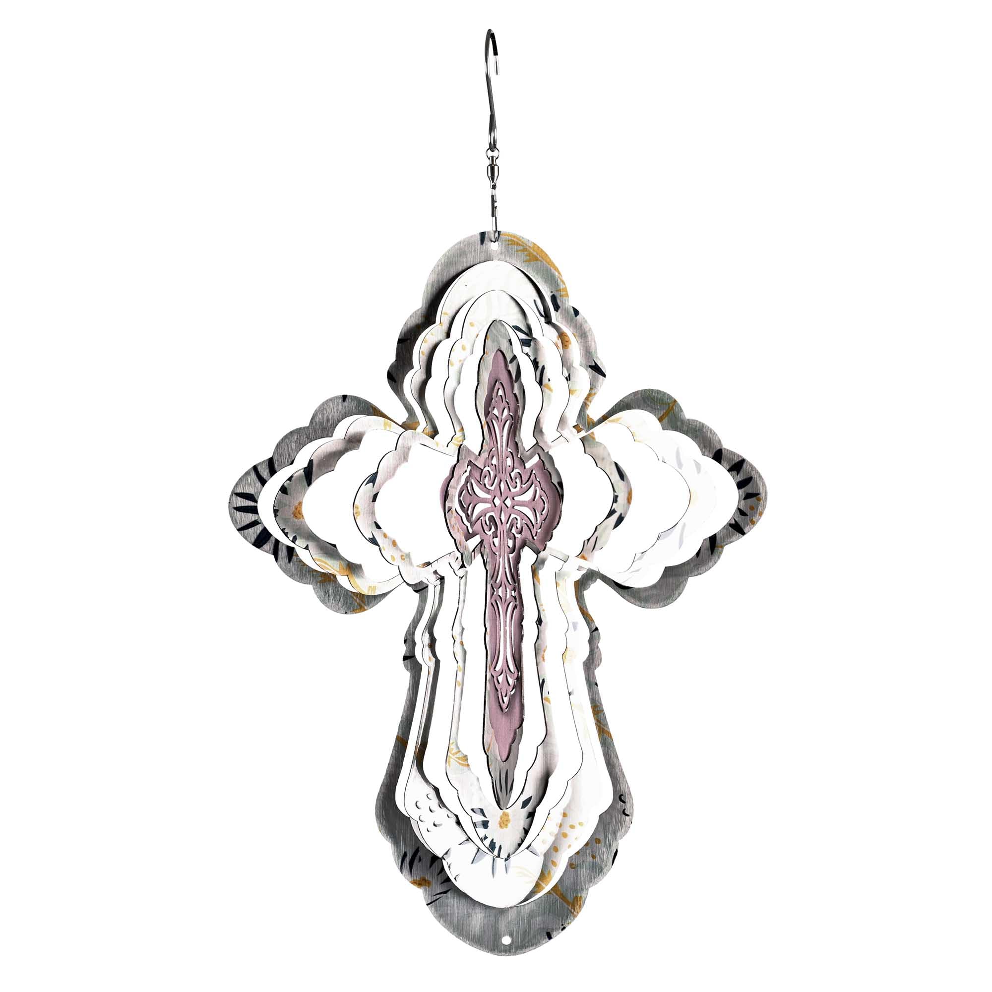 Dicksons WS-4 Cut Out Cross Shaped Pink and White 15 x 8 Stainless Steel Iridescent Outdoor Porch Deck Balcony Wind Spinner with Hanger