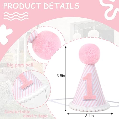 Miniatura 2 de Sombrero de fiesta de primer cumpleaños rosa y blanco - Corona de primer cumpleaños para niña con accesorios para fotos para decoraciones y vestidor