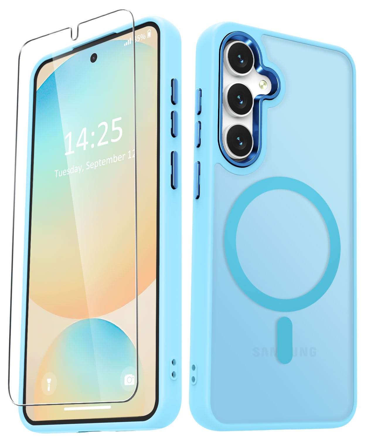 YENAPOON for Samsung Galaxy S24 FE Case, Matte Magnetic Case, Light Blue | Fit for Magsafe, Screen Protector Included, Translucent Frosted Slim Shockproof Protective Phone Cover