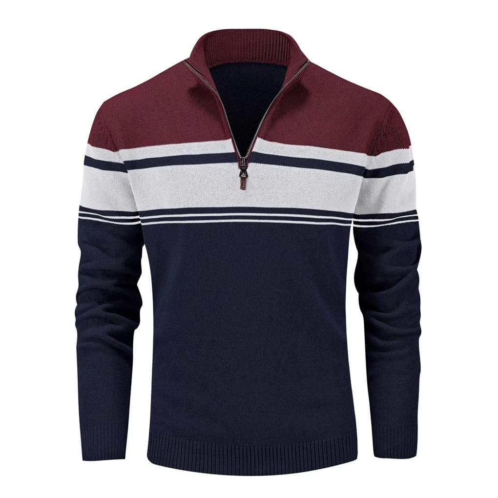 Dninmim Maglione da uomo con zip frontale casual a righe pullover top autunno inverno felpe