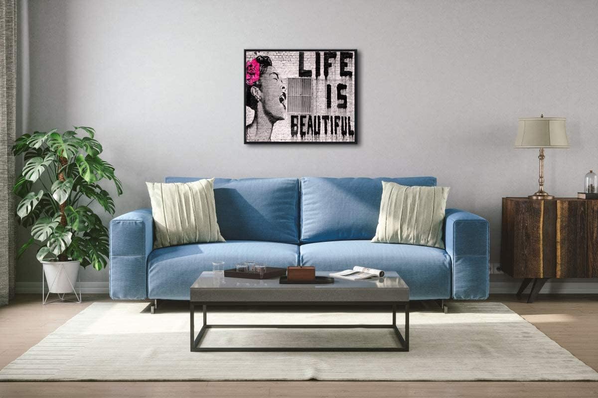 Wieco Art Framed Art Canvas Prints of Banksy Life is Beautiful Abstract Artwork for Wall Decor Black Frame BANKSY-2-5060-BF