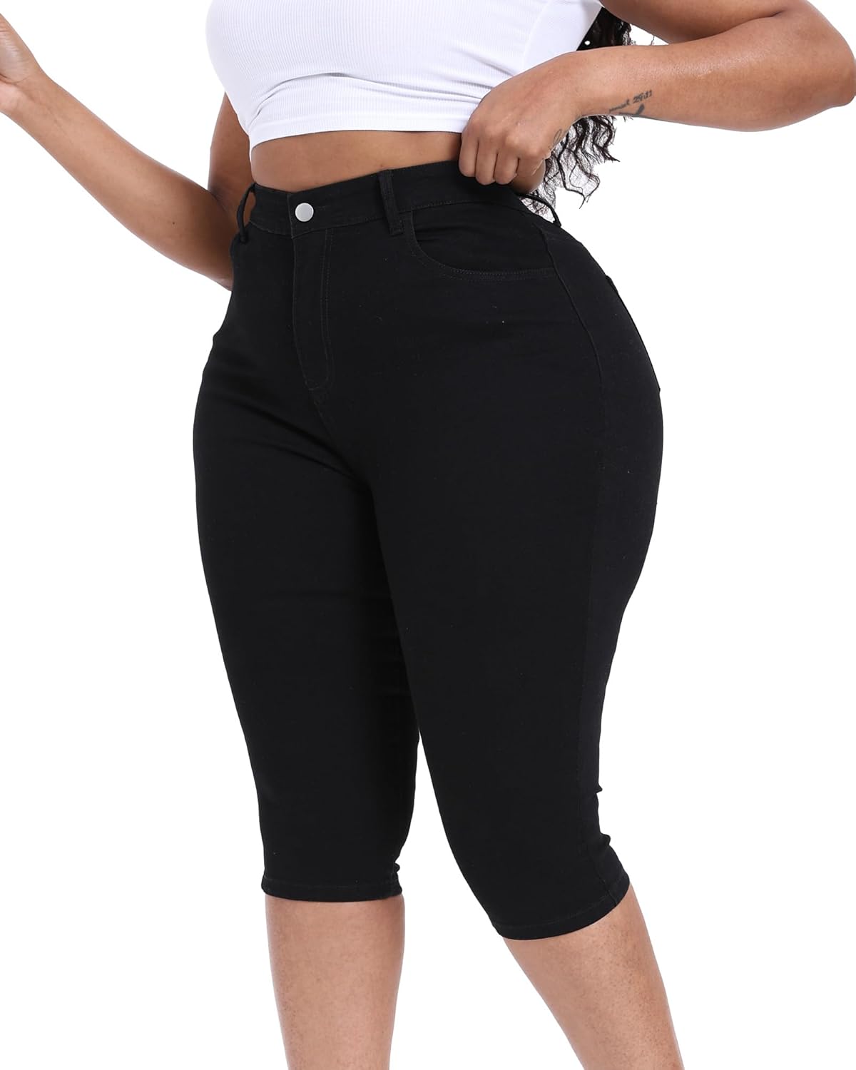 Gocolloa Plus Size Capris for Women 17" Inseam Stretchy Capri Jean Shorts High Waisted Cropped Pants