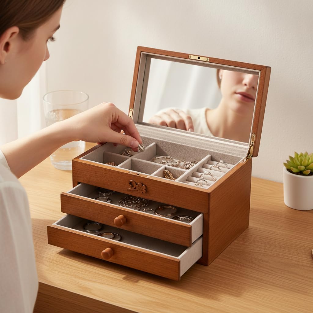 アンティーク風仕上げのminiBOX  2個set    ハンドメイド雑貨 URJIX® Multi-layer Vintage Wooden Jewelry Box with Mirror and