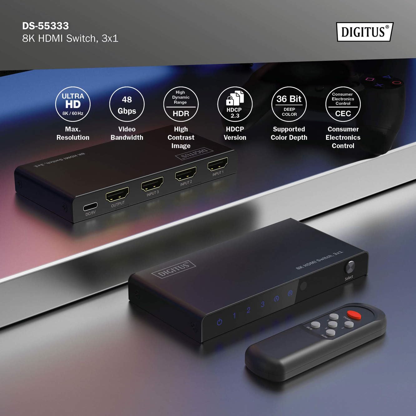 DIGITUS HDMI Switch 3x1 – 3 In 1 Out – UHD 8K 60 Hz – HDCP 2.3 & HDMI 2.1 | HDR, CEC, Deep Color, DTS, Dolby Digital, LPCM – Für TV, Monitor, Spielekonsolen