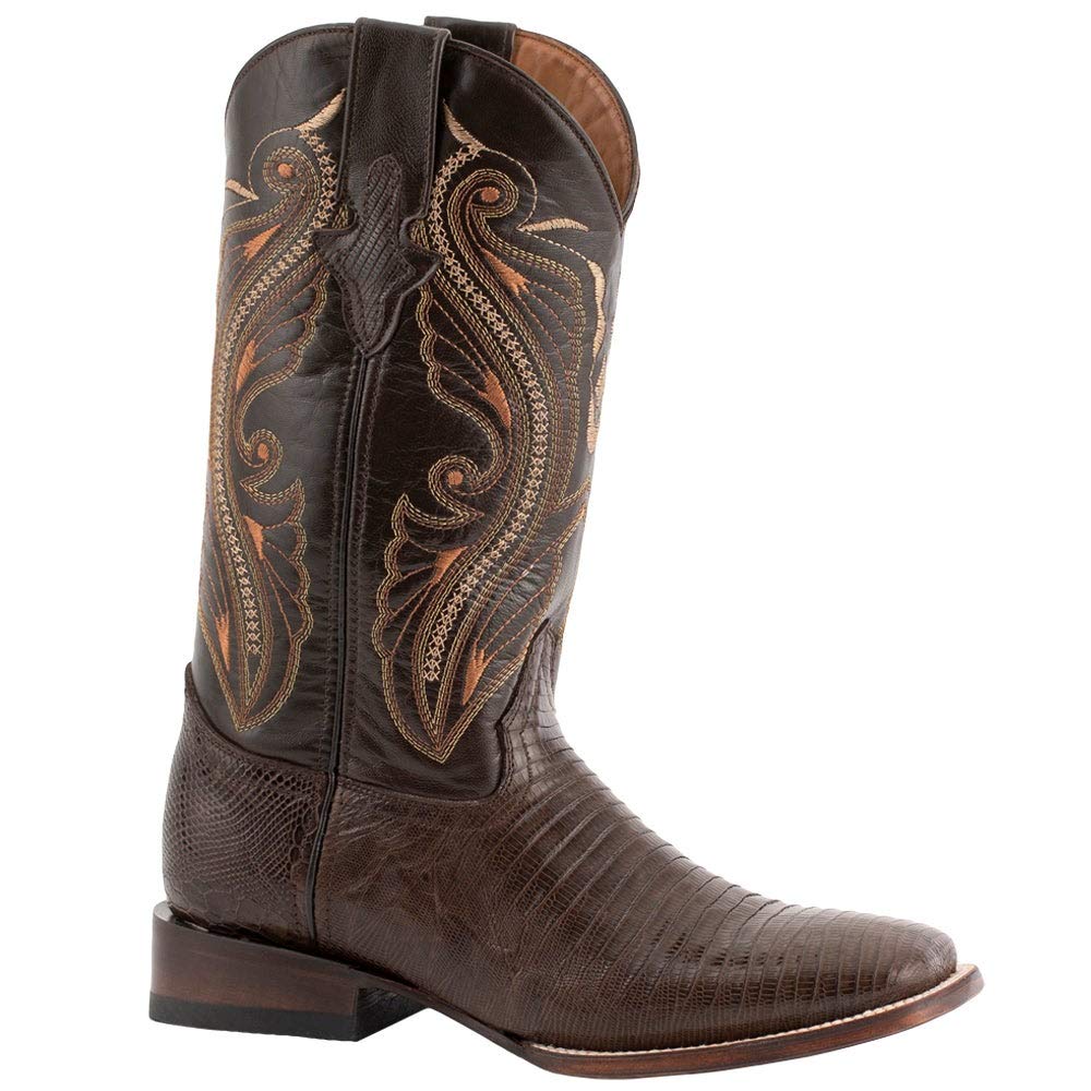 FERRINI Men's Taylor Teju Lizard Square Toe Leather Heeled Western Boots, Chocolate, 11.5 D