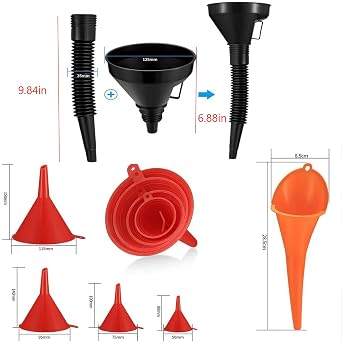 6 Pcs Automotive Funnel Set - Plastic Long Neck, Wide Mouth, Flexible Right Angle Funnels with Detachable Spout and Filter for Water/Gasoline/Coolant/Engine Oil
