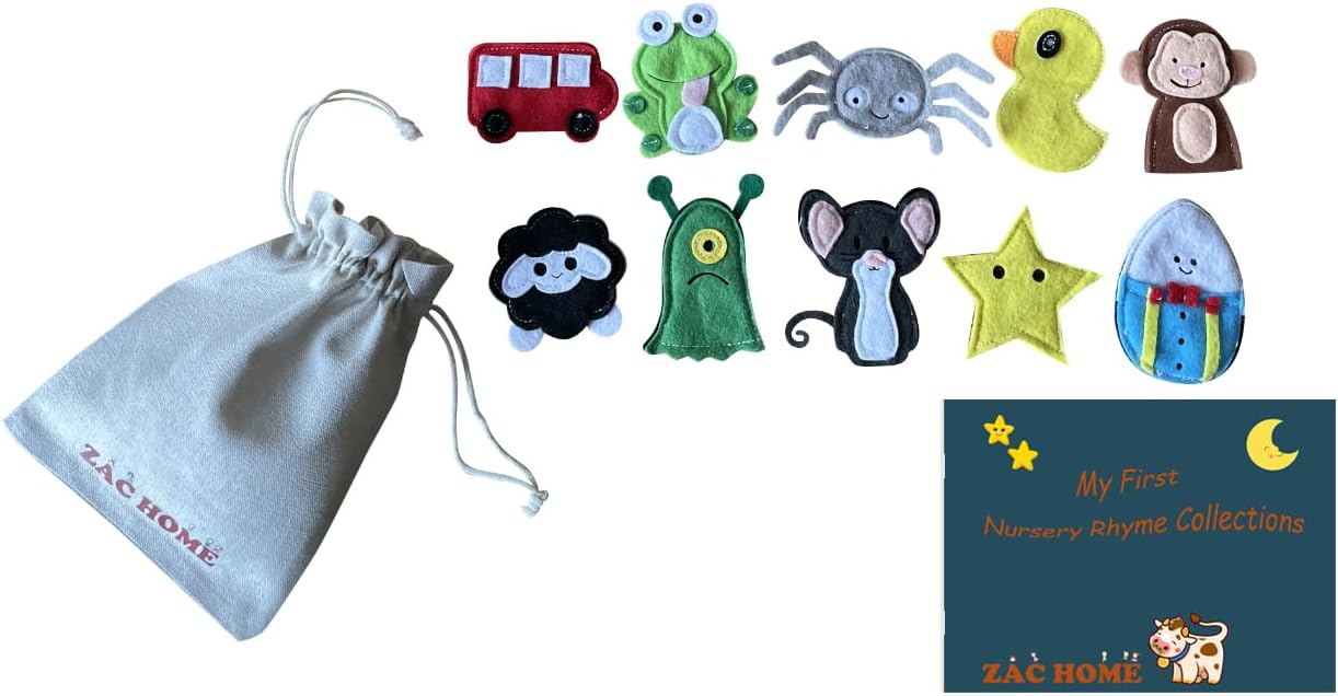 Nursery Rhyme Finger Puppet Set with a little cow hold all bag- Set of 10 including 10 Nursery Rhymes Lyris Collection