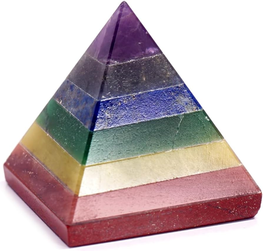 L PEDRA & CRYSTAL Gemstone Pyramid – Decorative Crystal Stone for Desk, Meditation Space, or Shelf Display | Handcrafted Polished Gem Pyramid for Home Decor | 3x3x3 Cm (Seven Chakra Pyramid)