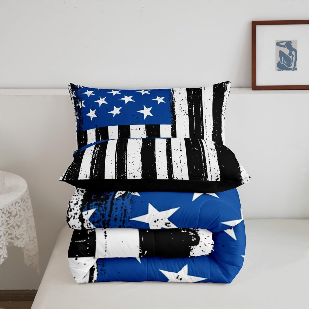 Erosebridal American Flag Bedding Set Queen Size Black and White Duvet Insert Fourth of July Independence Day Theme Decor USA Comforter Set Retro Blue Stars and Stripes USA Flag Duvet Stuffing