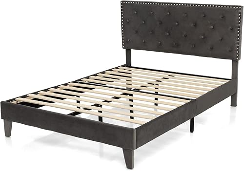 Miniatura 9 de KOMFOTT Base de cama tapizada tamaño matrimonial, base de cama de plataforma con cabecera copetuda y estribo acolchado suave, base de colchón con