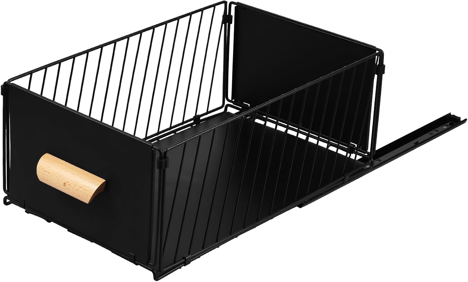 US Pull Out Cabinet Organizer Foldable Metal Slide Out Drawer Storage Shelf with Wood Handle Detachable Sliding Cabinet Roll Out Drawers for Home Bathroom Kitchen(Style 2,black)