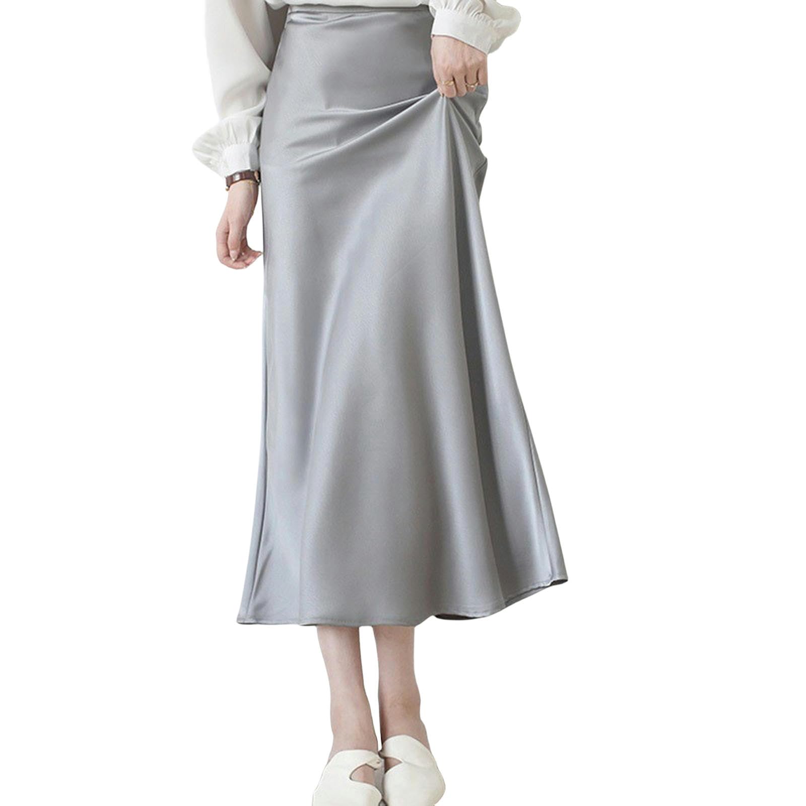 TEidea Satynowa spódnica damska, satynowa spódnica, elegancka, średniej długości, prosta biała spódnica, do biura, dla kobiet, wysoka talia, linia A
