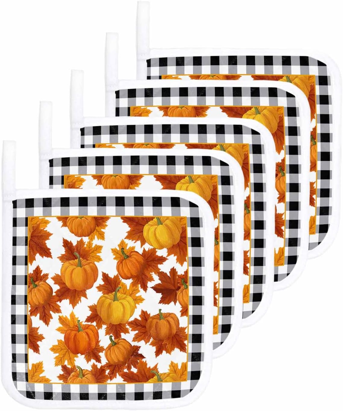 Orange Pumpkin Fall Pot Holders 4 Pack, Thanksgiving Black White Plaid Hot Pads for Kitchen with Hanging Loop, Farmhouse Pot Holder Oven Hot Pad Washable Potholders for Cooking 8.25"x8.25"