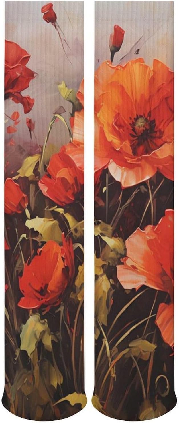 Breathable Crew Sock, Moisture Wicking, Athletic Calf Socks, Cozy | Oil Painting Red Flower Compression Socks for Women Men, Lightweight High Work Socks for Business, Casual