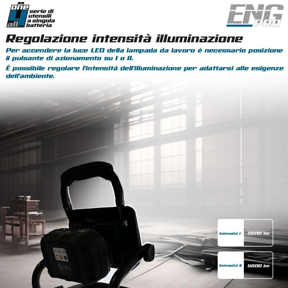 Faro Lampada 100 LED Luce da lavoro Faretto | Linea Professionale a Batteria ONE4ALL | 50 W Luminosità Regolabile fino a 5000 lm | 2 Batterie 2 e 4.0 Ah