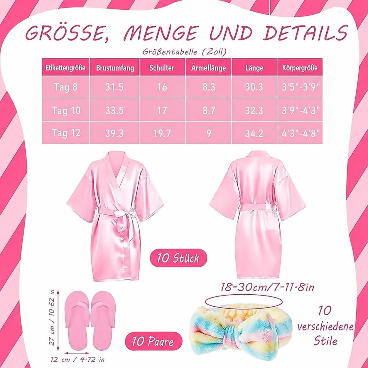 30 Stück Spa-Party-Set für Mädchen 10 Kimono-Bademäntel mit V-Ausschnitt, 10 weiche Spa-Stirnbänder, 10 Paar Einweg-Schaumstoff-Slipper