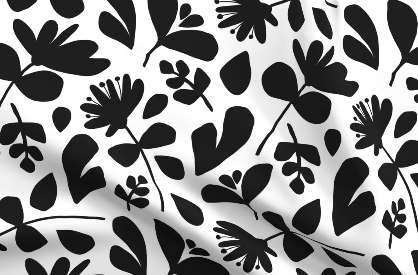 Spoonflower Fabric - Floral Silhouette Flowers Black White Leaves Hand Large Botanical Fern Printed on Cotton Poplin Fabric by The Yard - Sewing Shirting Quilting Dresses Apparel Crafts