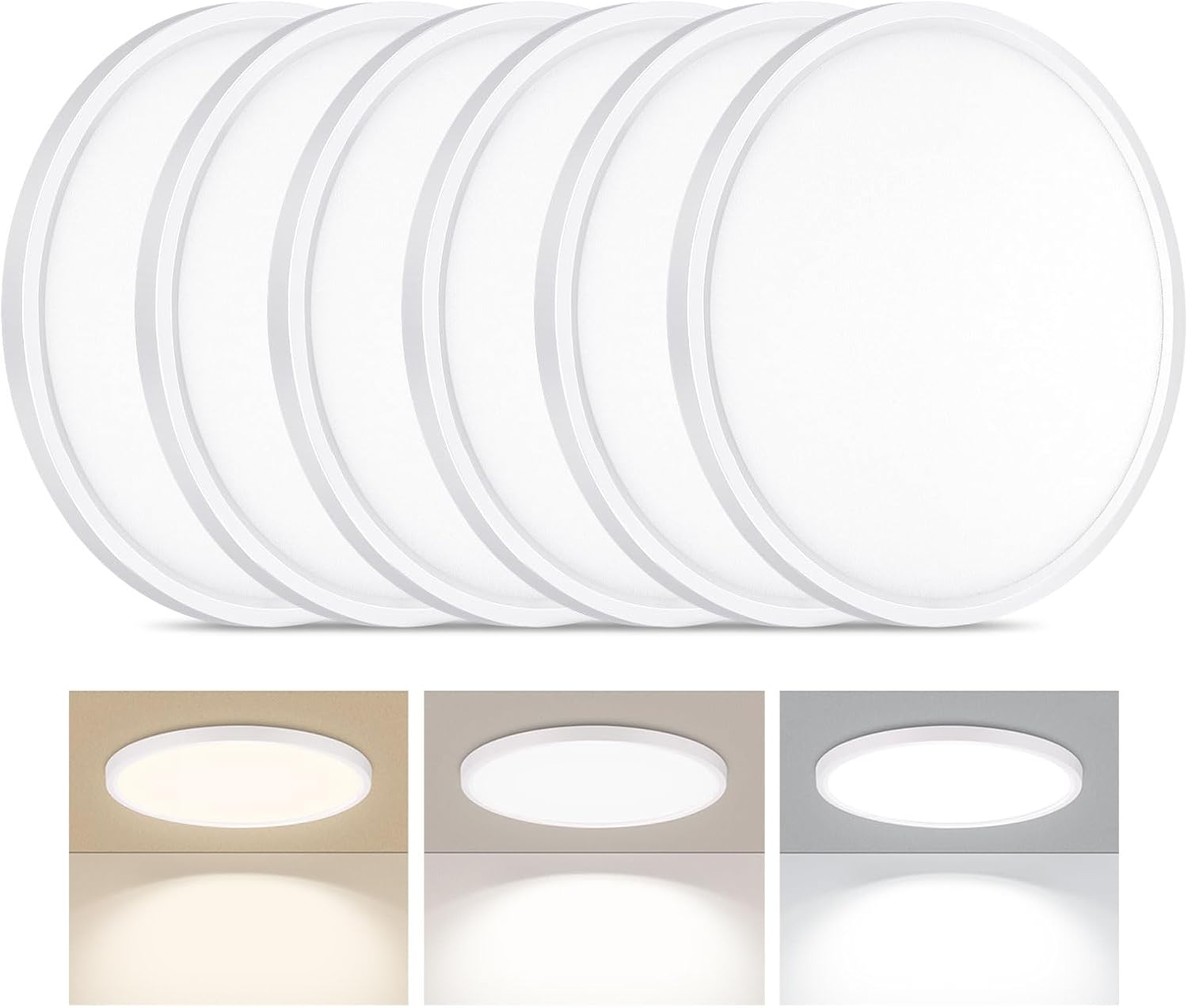 6Pack LED Flush Mount Ceiling Light, 7 Inch 1500LM 15W Thin Round Ceiling Light Fixture, 3000k/4000k/6500k 3 Color Adjustable Ceiling Lamp