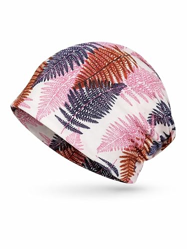 Youstylo Unisex Leaf Print Cotton Beanie Cap | Soft Stretchable Slouchy Bandana Skull Cap for Men & Women | Lightweight Breathable Headwrap for All Seasons (Pink-Leaf)