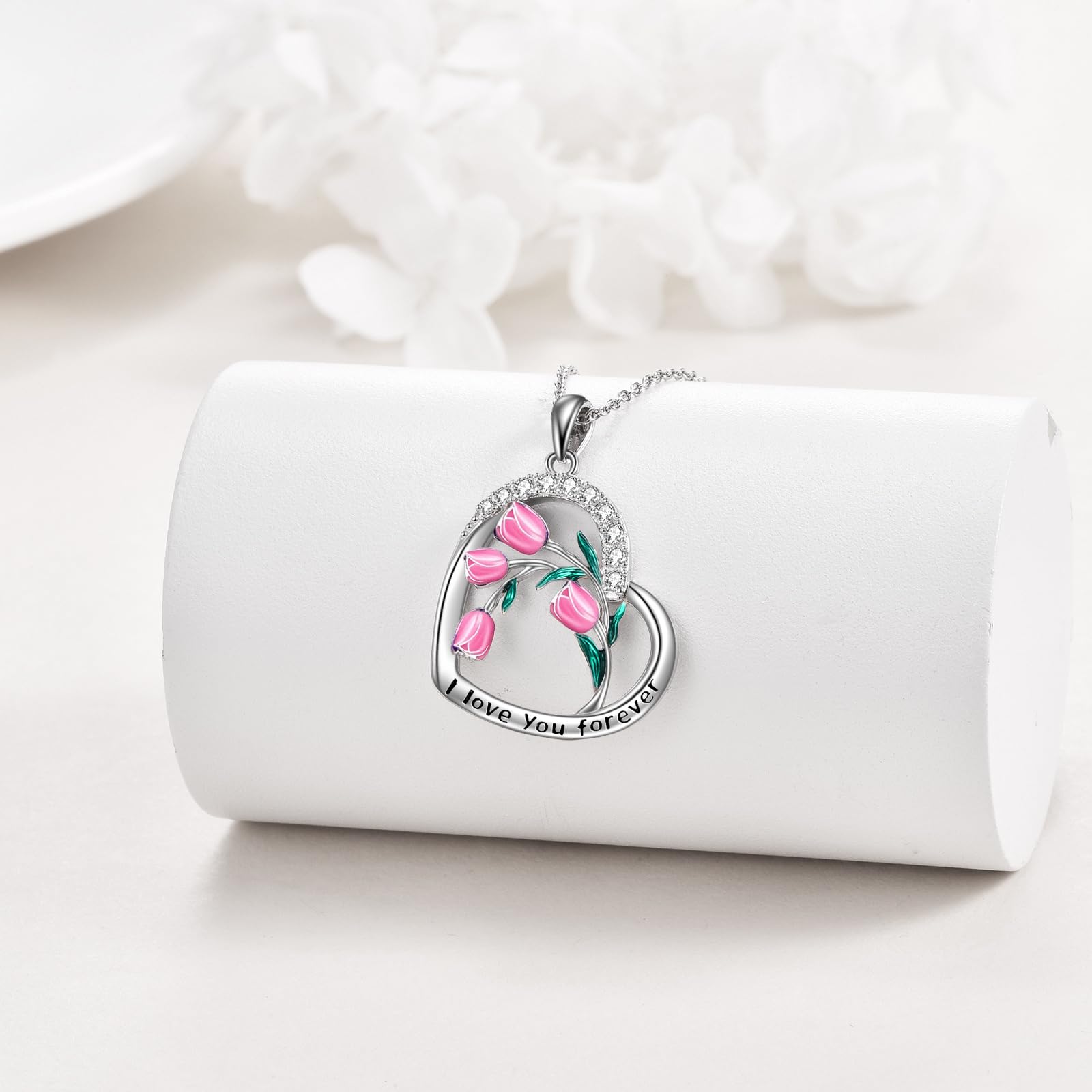 CRMAD Purple Tulips Necklace Sterling Silver Moonstone/Crystal/Cross Flower Tulips Jewelry Mother's Day Gifts