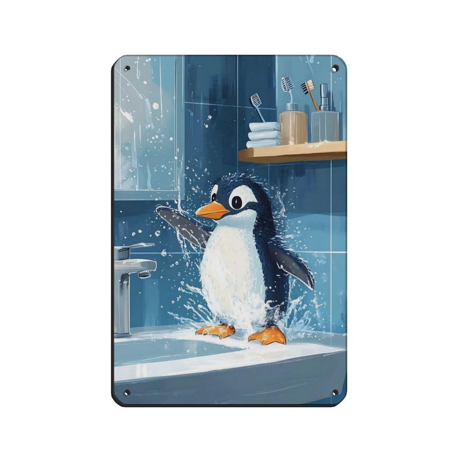 Cute Penguin Bathroom,Splashing Penguin Tin Sign Vintage Metal Pub Club Cafe Bar Home Wall Art Decoration Poster Retro 8x12inch(20x30cm)