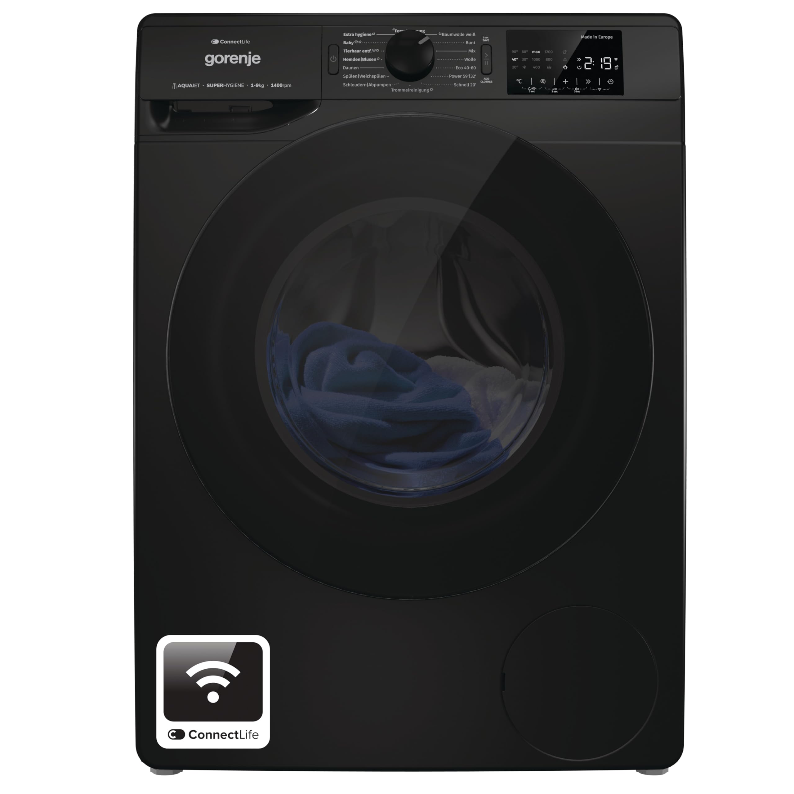 Gorenje WPNEI94A1DTSB Waschmaschine mit Dampffunktion/ConnectLife / 9Kg / 1400 U/min / 15 Programme/Totaler AquaStop/Wave Active Trommel/ExtraHygiene/PowerWash/Schnell Waschgang/Schwarz/EEK: A-10%