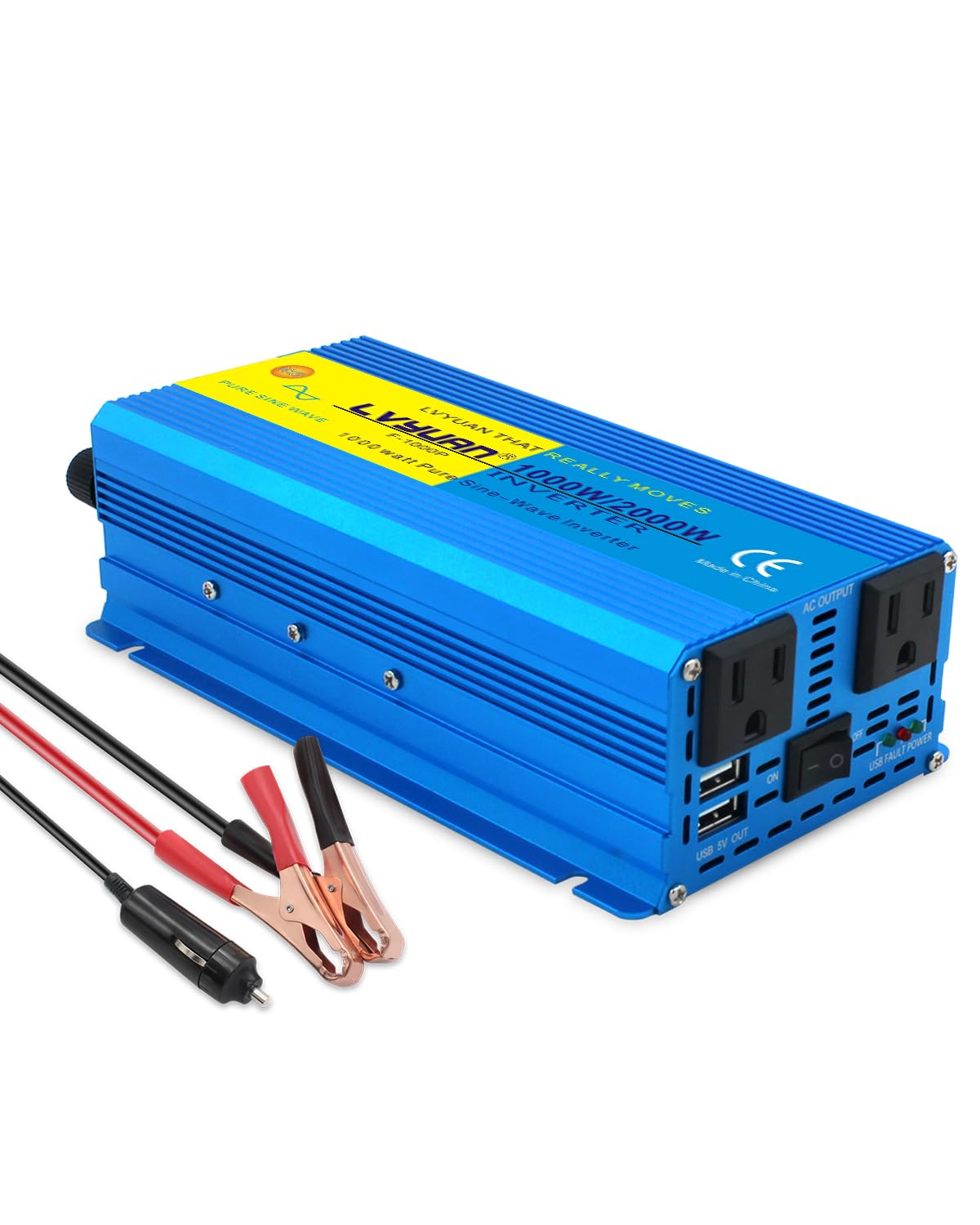 LVYUAN 1000 Watt Pure Sine Wave Inverter 12V to 110V 120V DC to AC with U.S. Outlet, USB Charger Ports, Car Power Inverter for Vehicles, RV, Outdoor, Home