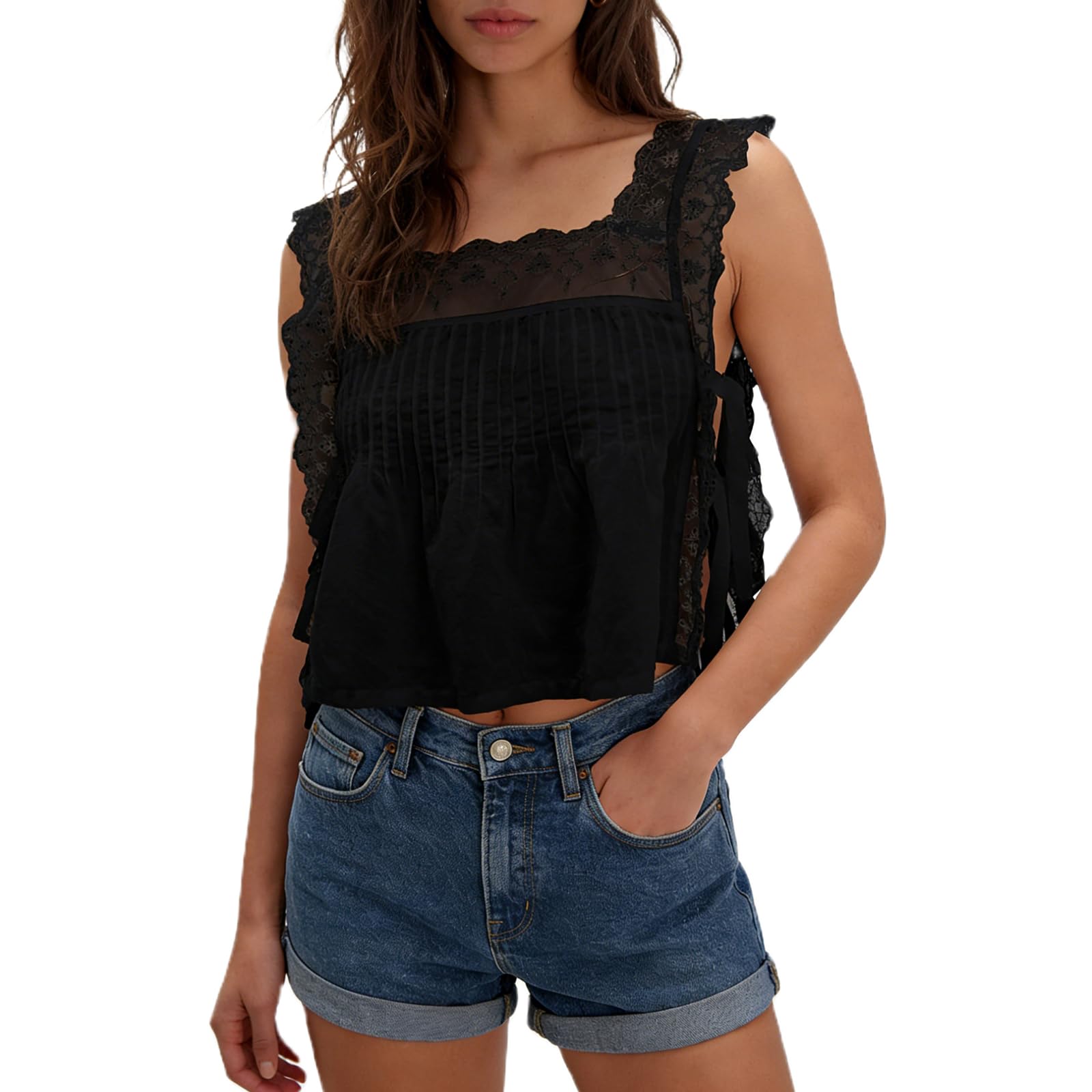 Camiseta sin mangas de encaje para mujer, estilo Y2K, sin mangas, con lazo lateral, transparente, con volantes, para verano, para salir