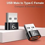 USB C à USB Adaptateur (6 pièces), type C Homme à USB Un adaptateur pour femme, type C USBA Homme, prise en charge USB3.1 6A 120W pour MacBook Pro, iPad Pro, Téléphones portables, PC (4 Noir, 2 Argent)