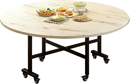 ZMHPLKH Round Folding Dining Table with 6 Wheels Versatile Space Saving Drop Leaf Collapsible Extendable Table with Sturdy Wooden Top for Kitchen & Dining Room, Ideal for Small Spaces White 39.4in
