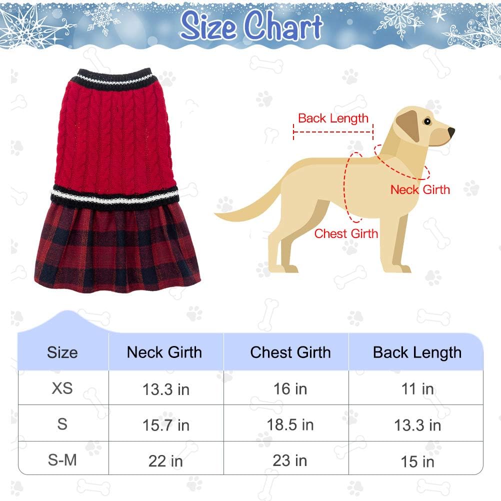 BINGPET Dog Sweater Dress - Plaid Pattern - Warm Pullover with Leash Hole V-Neck Knitwear Pet Sweater Cat Knitted Dress One-Piece Dress for Small to Medium Dog and Cat