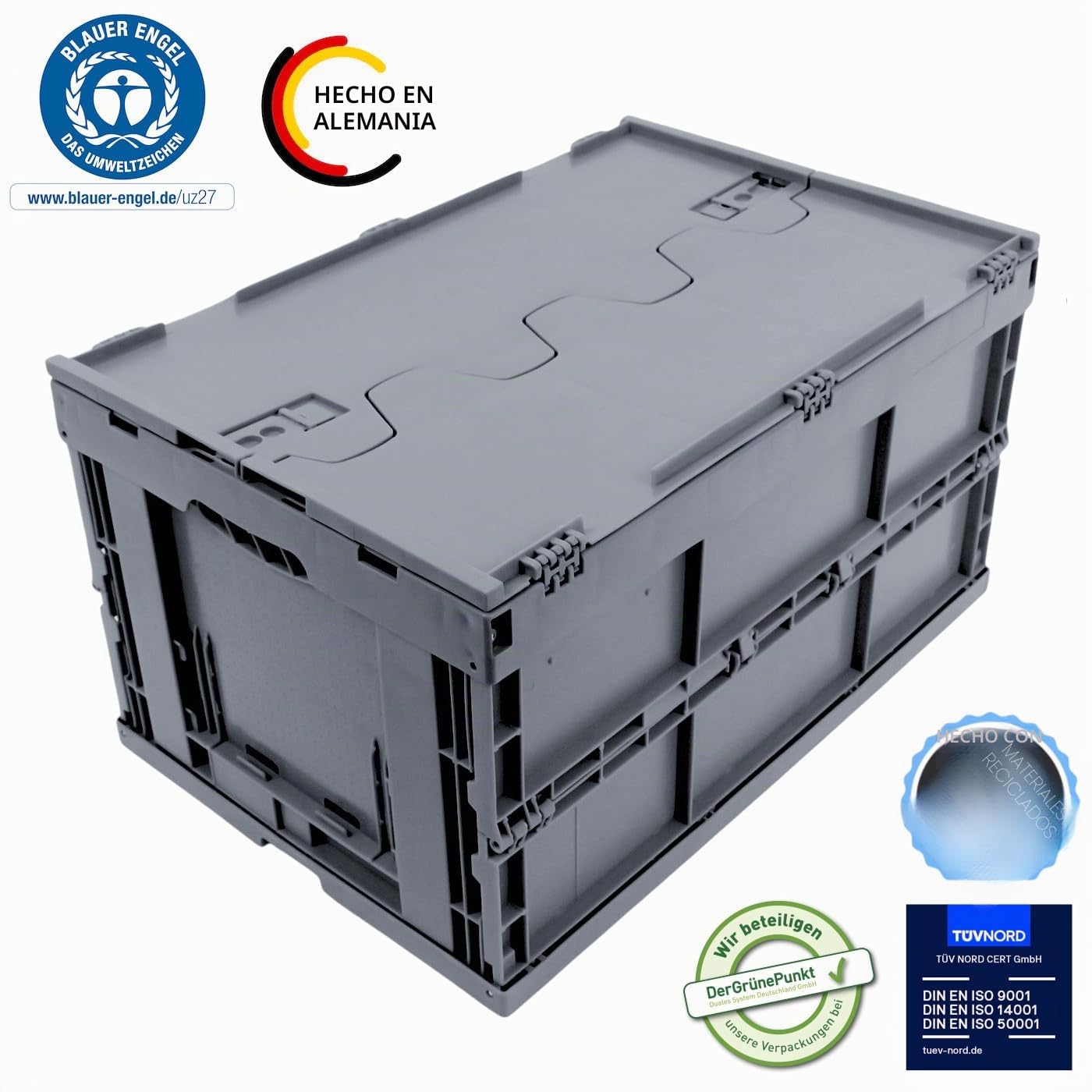 Caja plegable resistente con tapa, contenedor grande 60L, caja de transporte plegable, 60% plástico reciclado, Fabricada en Alemania, Etiqueta Ecológica, 60x40x33 cm, gris