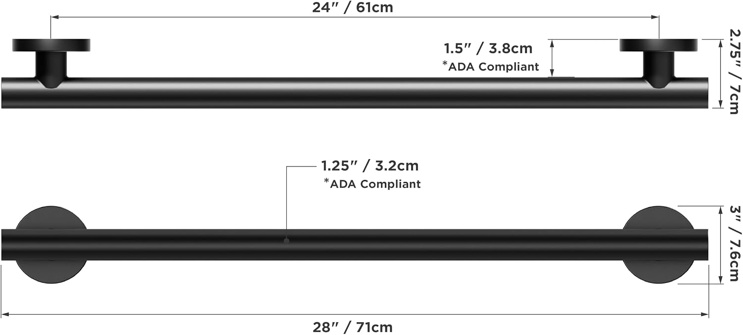 HEALTHCRAFT 24" Horizon Grab Bar, ADA Compliant Bathroom Safety Bar, Stainless Steel Shower Handle, 500 lb Support, Modern Bathroom Rail for Shower, Tub & Toilet Wall (1, Matte Black, 24 Inch)