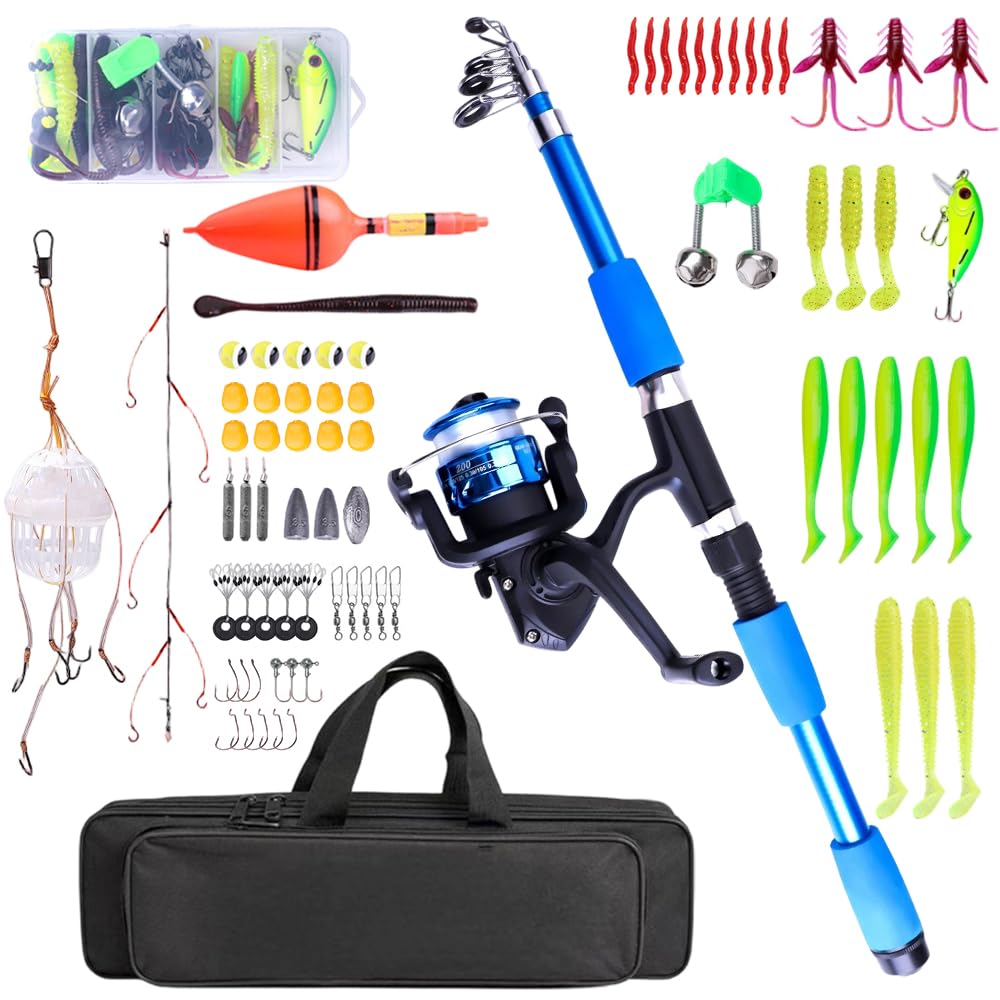 Angelset für Kinder, 1,8m Kinderangel Starter Set, Angelrute Set Kinder mit Angelrolle und Köder Set, Kohlefaser Teleskop Angelruten und Rolle, Angel Zubehör für Jungen, Mädchen, Anfänger (Blau)