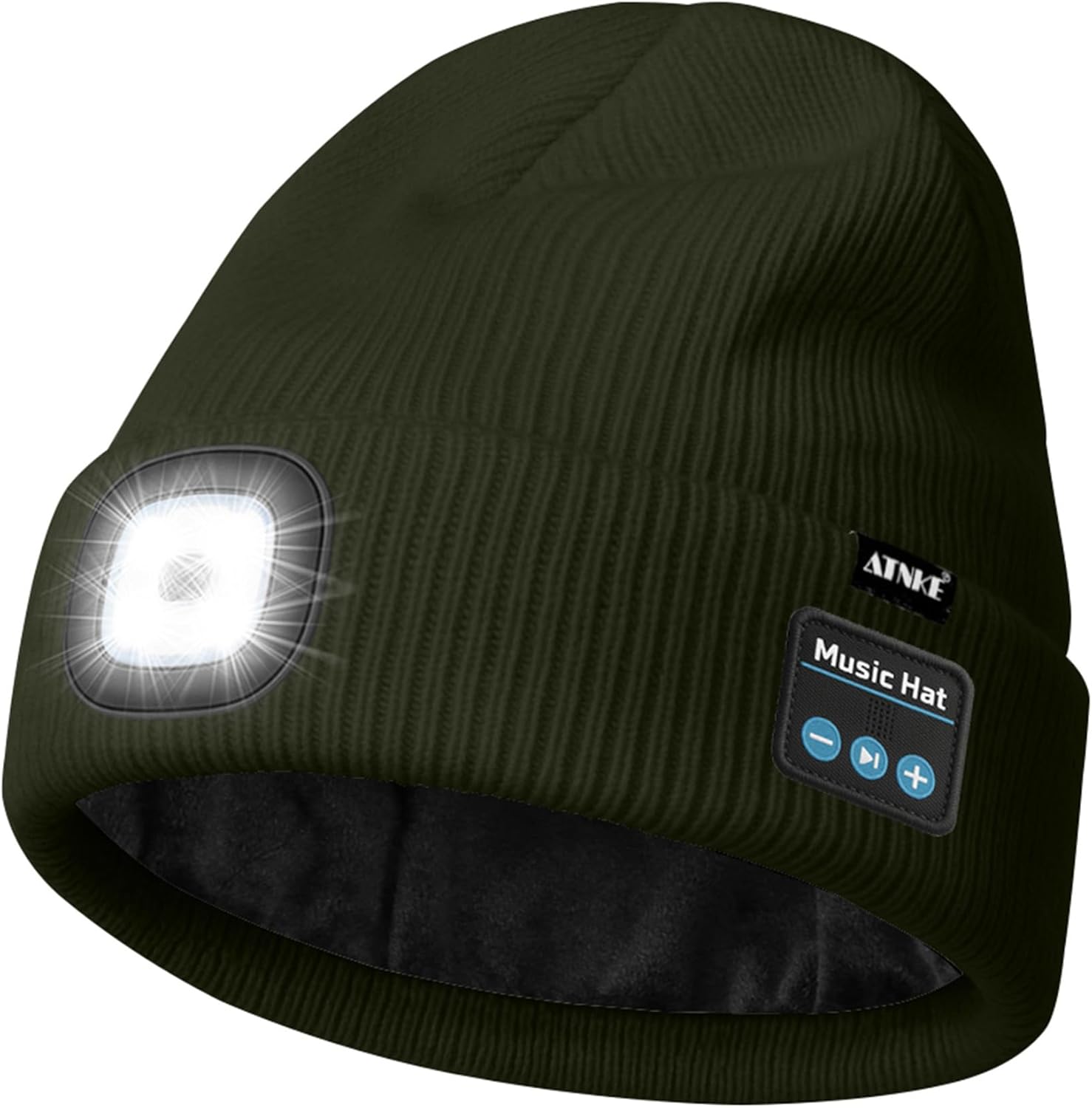 ATNKE LED Lighted Bluetooth Lined Fleece Beanie Hat, USB Rechargeable 4 LED Wireless Run Headlamp Cap for Men and Women