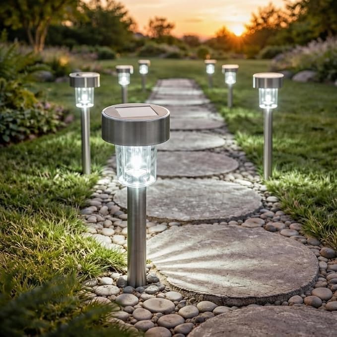 GloBrite Pack of 10 Solar Lights Outdoor Garden – Waterproof Stainless Steel LED Solar Garden Lights with Stake for Pathway, Driveway, Patio, Walkway, Lawn, Yard & Landscape Decoration