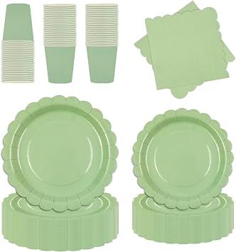 Party Tableware Pack of 80 Grass Green Birthday Decoration Wavy Edge Paper Plates Cups Napkins Party Set Sweet Party for Birthdays Wedding Party Table Decoration 20 Guests