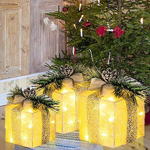Hourleey Set Of 3 Christmas Lighted Gift Boxes, Pre-Lit 60 Led Light Up Present Boxes Ornament Outdoor Warm White Tinsel Boxes Decoration For Indoor Christmas Home Yard Lawn Decor #TOP4