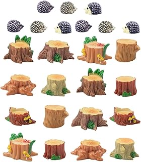 Opexicos 18Pcs Miniature Creative Simulation Tree Stump Fairy Garden Ornaments with Animals and Flowers Landscape Ornaments