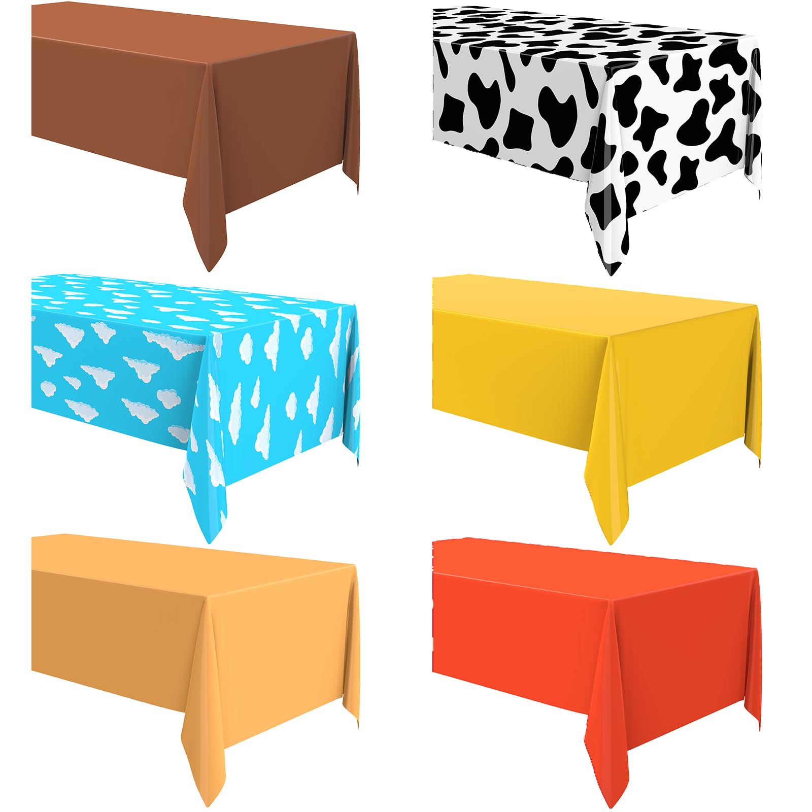 Remagr 6 Pcs Plastic Rectangular Table Cover Set - Kids Birthday Party - Cow, Cloud, Cartoon, Solid Patterns - Retro Colors - 54 x 108 inches