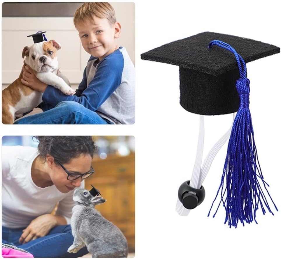 Graduation Cap Pet Graduation Caps with Blue Tassel 2Pcs Mini Bachelor Hats for Guinea Pig Cat Puppy Hamster Dog