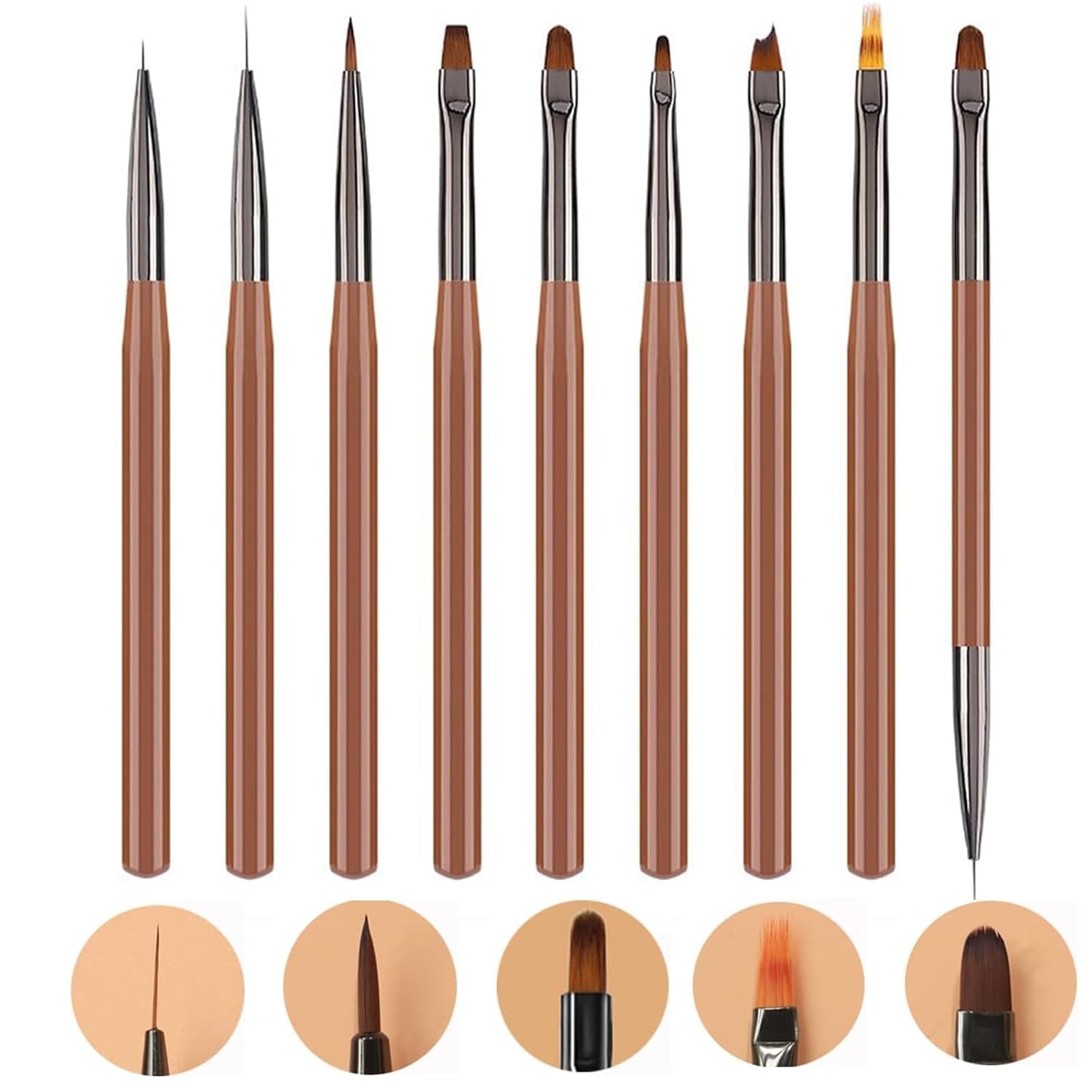 Nail Art Brush Set, Builder Painting Design Detail Drawing Brushes Dotting Pen Double-Ended French Liner For Gel Polish Manicure Tools Acrylic Home DIY Salon Use Women Brown