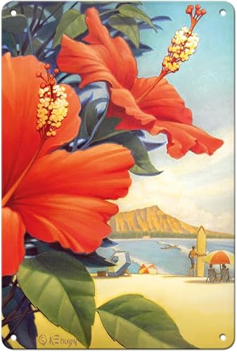 Pacifica Island Art Kerne Erickson - Cartel de viaje hawaiano vintage de 8 x 12 pulgadas, diseño de hibisco rojo, diseño de hibisco rojo