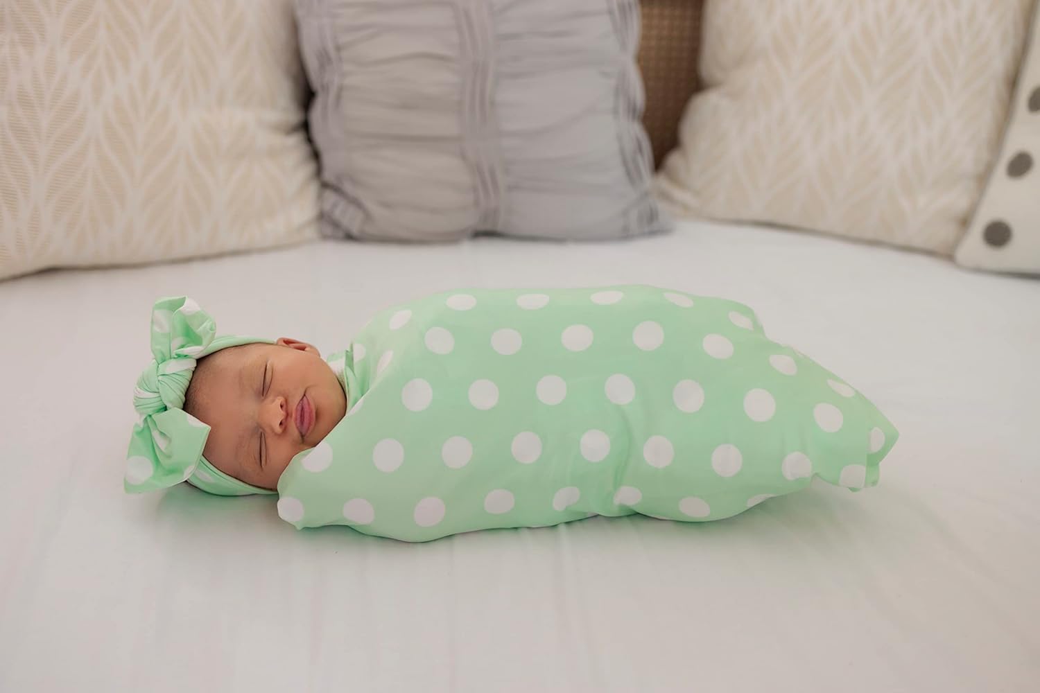 MOMMY O CLOCK Mommy Robe for Maternity and Baby Swaddle Blanket, Milk Silk Matching Delivery Robe and Swaddling Wrap for Mom and Baby (Mint Polka Dots, S/M (0-12)