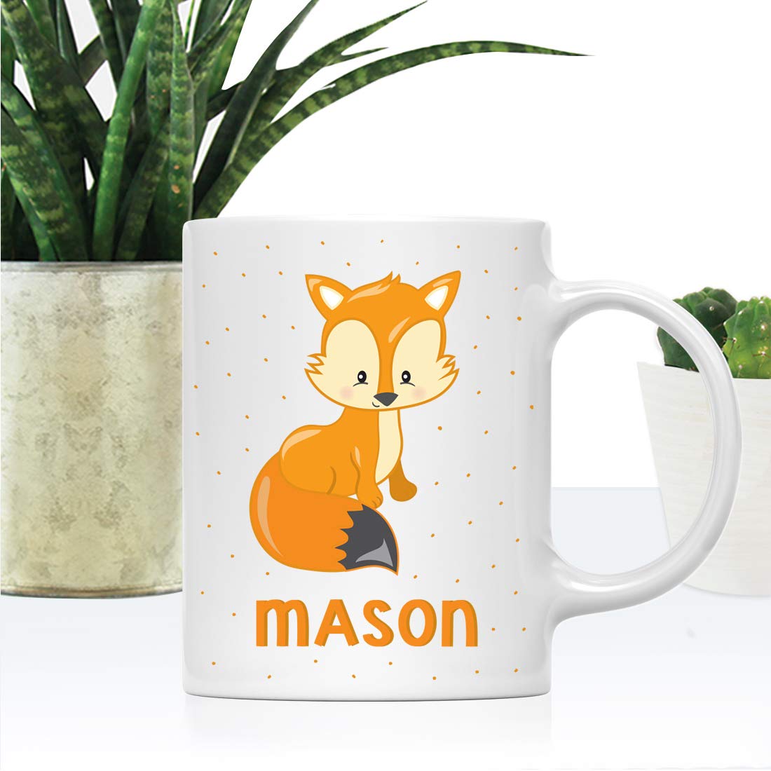 Andaz Press Personalized 11oz. Kids Milk Hot Chocolate Mugs, Woodland Forest Animals Sitting Red Fox, 1-Pack, Custom Child’s Birthday Christmas Coffee Cup