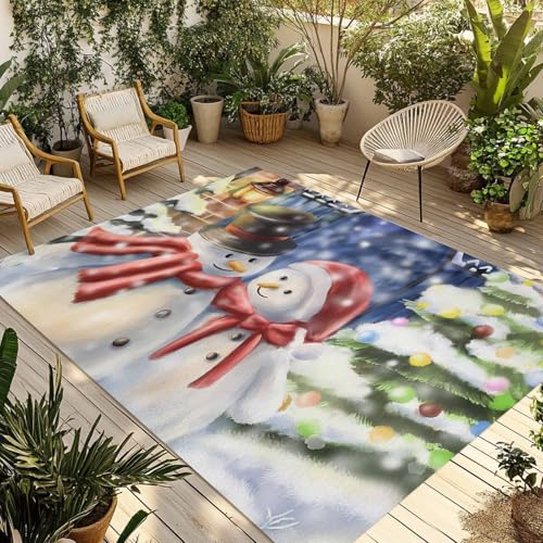 Watercolor Winter Snowy Christmas Snowman Outdoor Area Rug 5x8ft Washable Carpets,Retro Pine Tree Large Patio Rugs Outside Pads for Patio Deck Balcony Backyard Camping