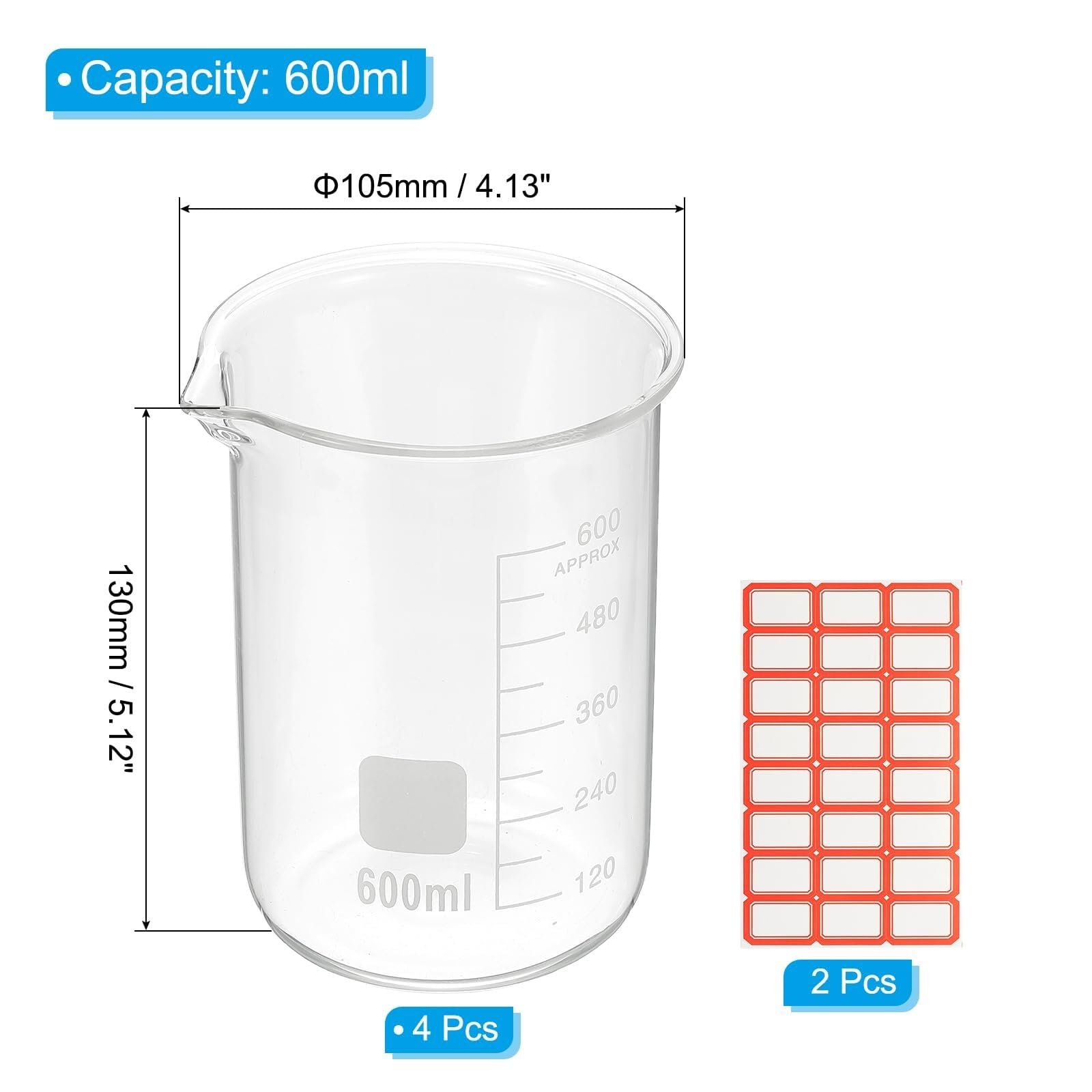 4er Set 600ml Borosilikatglas Bechergläser - Hitzebeständig bis 400°C, graduierte Skala für Labor & Küche(600ml)