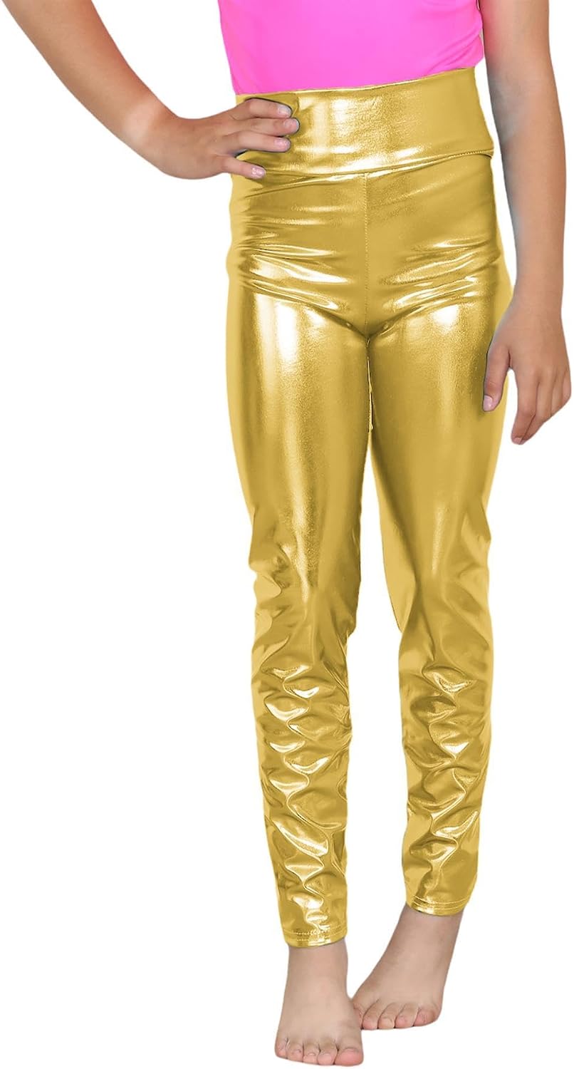 Janisramone® Girls Metallic Leggings, Shiny Wet Look Leggings, Plain High Waist Leggings, Kids Sports Leggings, Dance Pants