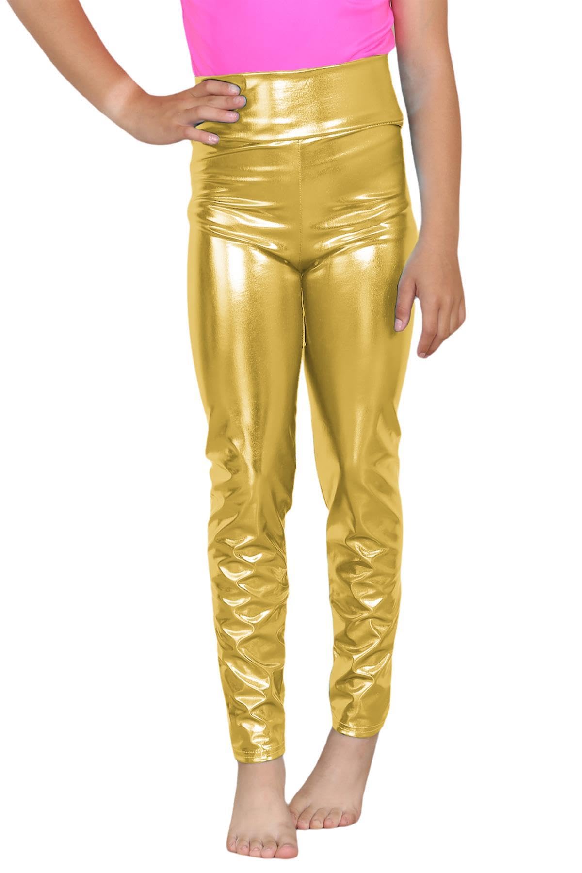 Hamishkane Girls Gold Metallic High Waist Leggings Kids Plain Wet Look Shiny Sports Dance Party Pants